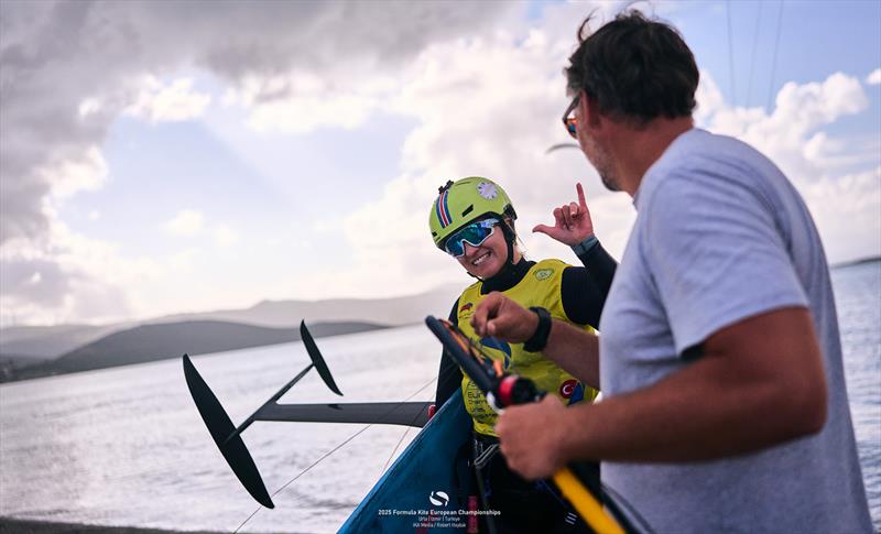 Lily Young [GBR], with coach Lance Olner, is carrying the torch of a massively successful British squad - 2025 Formula Kite European Championships - photo © IKA Media / Robert Hajduk