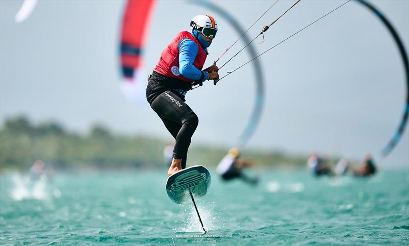 Always climbing, Cameron Maramenides [GRE] will be wearing the blue bib of second place on day 5 - 2025 Formula Kite European Championships - photo © IKA Media / Robert Hajduk