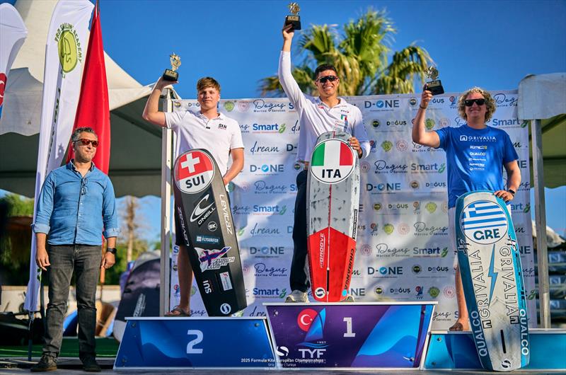 European Champion Pianosi [ITA] flanked by silver medalist Stragiotti [SUI] and bronze medalist Maramenides [GRE] photo copyright IKA Media / Robert Hajduk taken at  and featuring the Kiteboarding class