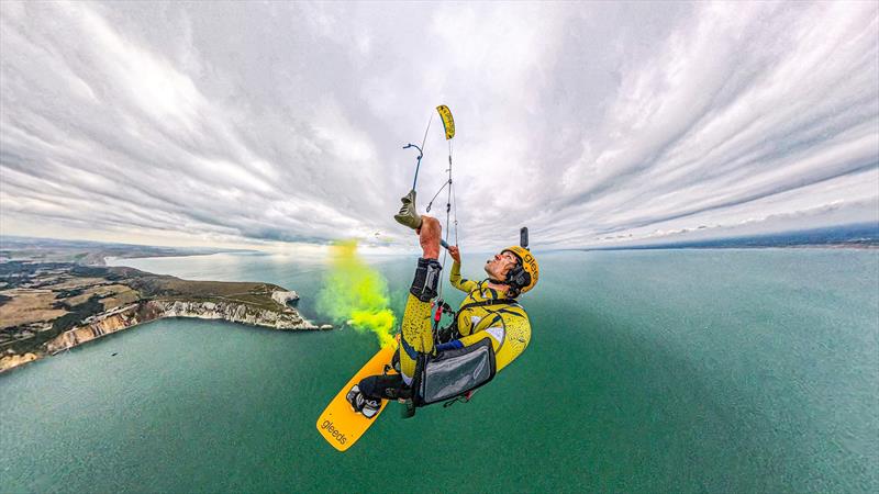 Jake Scrace, a British kitesurfer, has set a new Guinness World Record by reaching 1,587 feet in a kitesurf tow-up above the iconic Needles, Isle of Wight - photo © Jake Scrace
