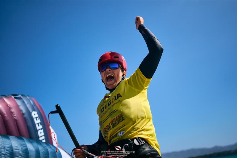 Jessie Kampman celebrates her first world title - 2025 Formula Kite Worlds Quartu Sant'Elena photo copyright IKA Media / Robert Hajduk taken at  and featuring the Kiteboarding class