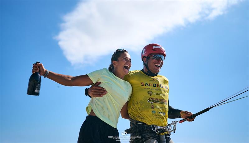 PIanosi celebrates with his wife Giorgia - 2025 Formula Kite Worlds Quartu Sant'Elena photo copyright IKA Media / Robert Hajduk taken at  and featuring the Kiteboarding class