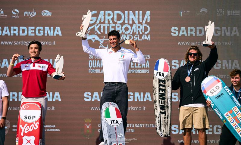 Men's podium - Maeder (silver), Pianosi (gold), Gomez (bronze) - 2025 Formula Kite Worlds Quartu Sant'Elena photo copyright IKA Media / Robert Hajduk taken at  and featuring the Kiteboarding class