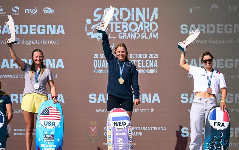 Women's podium - Moroz (bronze), Kampman (gold), Nolot (silver) - 2025 Formula Kite Worlds Quartu Sant'Elena photo copyright IKA Media / Robert Hajduk taken at  and featuring the Kiteboarding class