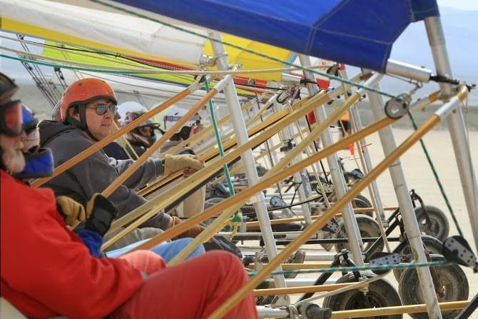 The aluminum jungle: Manta Single sailors tensely await the start of a race photo copyright Bob Dill taken at  and featuring the Land Yacht class