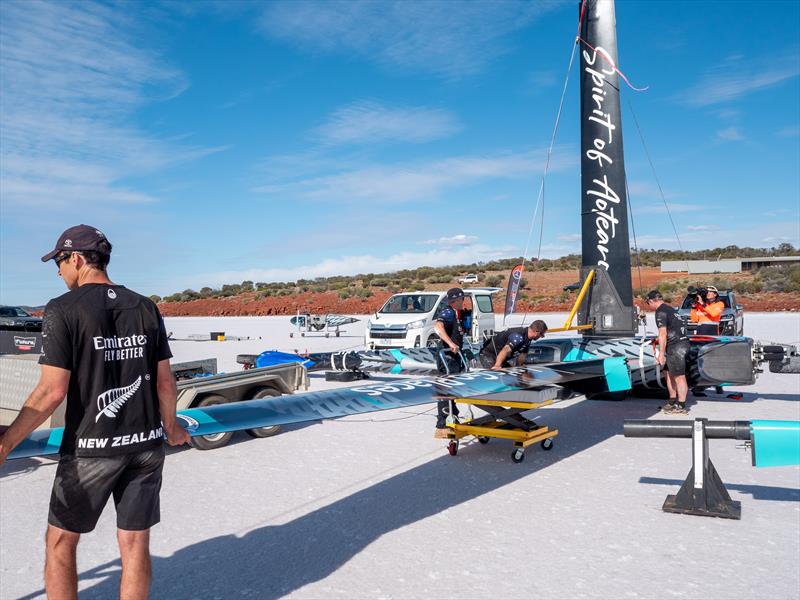 Emirates Team New Zealand's wind powered land speed World Record attempt at South Australia's Lake Gairdner. The Land yacht called 'Horonuku' is assembled on the lake and taken for its first sail - photo © Emirates Team New Zealand