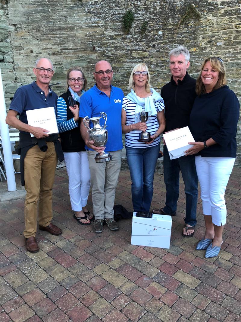 Larks at the Salcombe Regatta (l-r) Chris Allen, Anne Ashworth, Stuart Hydon, Anne Biglin, John and Vicky Brickwood photo copyright Tim Fells taken at Salcombe Yacht Club and featuring the Lark class