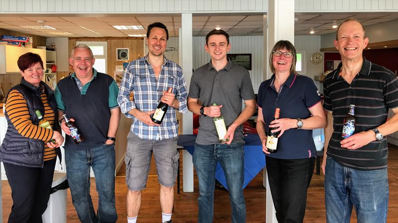 Prizwinners (l-r) the Castles (3rd), Chatten and Bailey (1st) and the Firths (2nd) at the Banbury Lark Open photo copyright Banbury Sailing Club taken at Banbury Sailing Club and featuring the Lark class