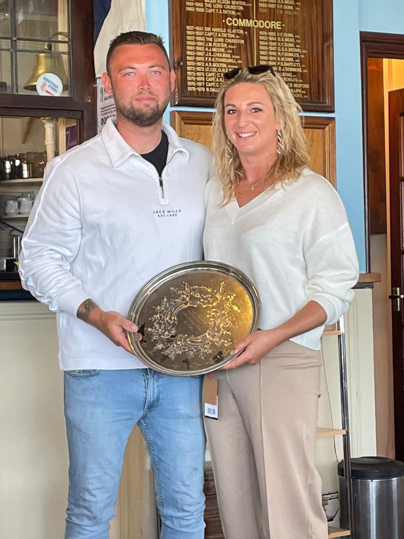 Megan Brickwood with Connor Dickson holding the Ladies Silver Salver, awarded to the first female helm at the 2023 Musto Lark Nationals at Brixham - photo © Helen Chatten