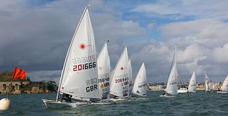 Freddie Chiddicks (Surrey) leading here from Martin Evans (Exeter) & Lorenzo Chiavarini (Plymouth) during the University Fleet Racing Championships photo copyright Sean Clarkson taken at Mount Batten Centre for Watersports and featuring the ILCA 7 class