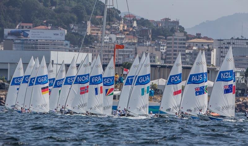 Laser start on Day 1 of the Rio 2016 Olympic Sailing Regatta photo copyright Sailing Energy / World Sailing taken at  and featuring the ILCA 7 class