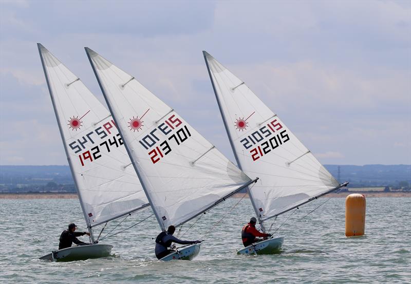 8.Typically close racing as James Goodfellow (192742) fights for the inside overlap on Oliver Cage-White (213701) and Christian Brewer (212015) during Laserfest 2019 at Whitstable - photo © Nicky Whatley
