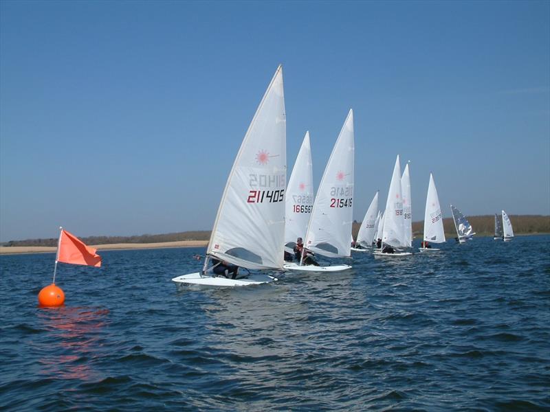 Dan Wigmore 211405 leads the start in Race 1 of the Grafham Water SC Restart Series photo copyright Simon Wigmore taken at Grafham Water Sailing Club and featuring the ILCA 7 class