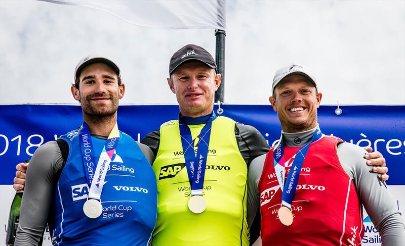Tom Burton (M), Jean Baptiste Bernaz (M) and Sam Meech (M) - 2018 World Cup Series Hyères Day 6 photo copyright Jesus Renedo / Sailing Energy taken at  and featuring the ILCA 7 class