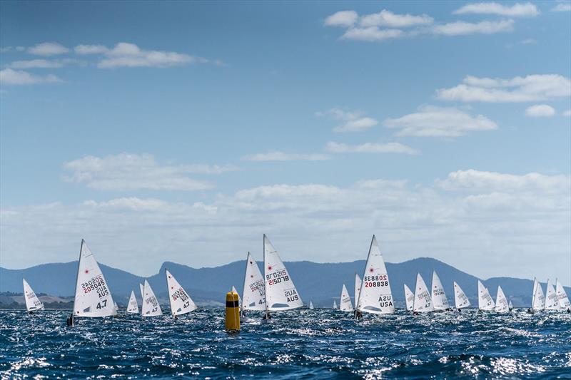 Lasers approaching the bottom mark in Saturday's racing - Laser Oceania and Australian Championship 2019 photo copyright Beau Outteridge taken at Royal Yacht Club of Tasmania and featuring the ILCA 7 class
