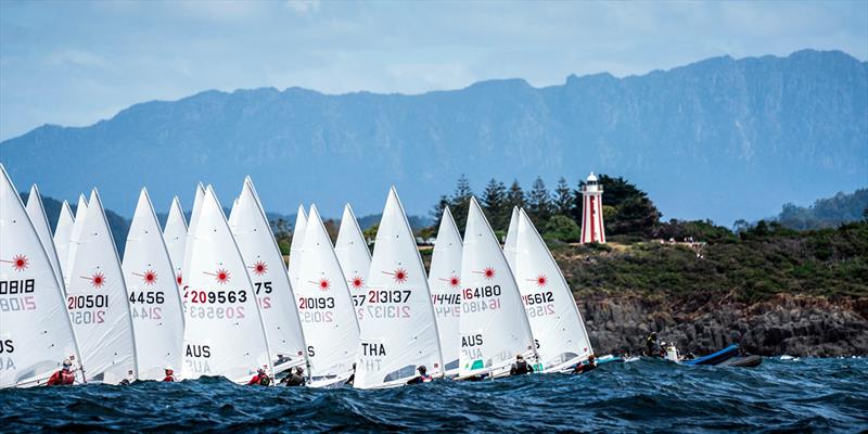 Laser fleet start off Mersey Bluff on Tasmanian NW coast - Laser Oceania and Australian Championship 2019 photo copyright Beau Outteridge taken at Royal Yacht Club of Tasmania and featuring the ILCA 7 class