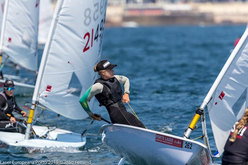 Mara Stransky in the thick of things at the Laser European Championship photo copyright Joao Ferrand taken at  and featuring the ILCA 7 class