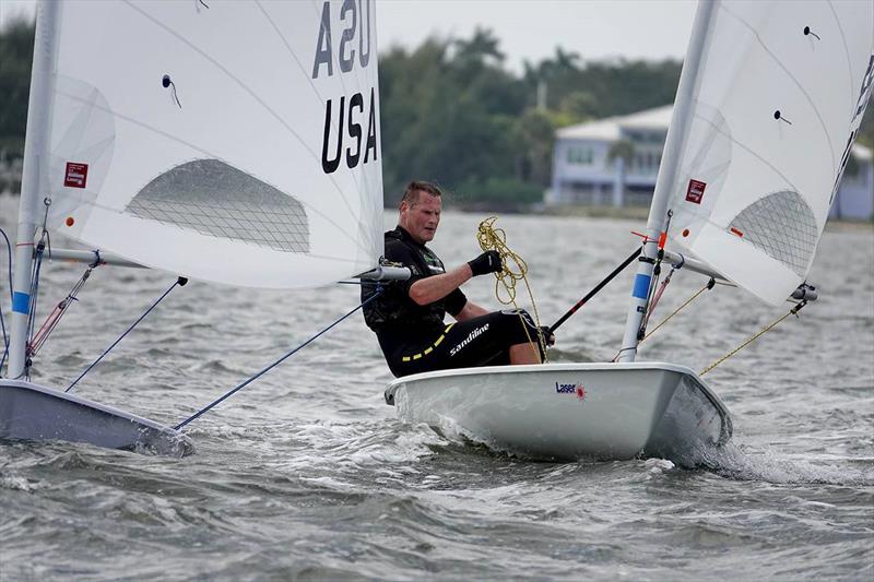 Alan Davis in a tangle during the Laser Masters Midwinters East in Florida photo copyright USSCoMC taken at US Sailing Center of Martin County and featuring the ILCA 7 class