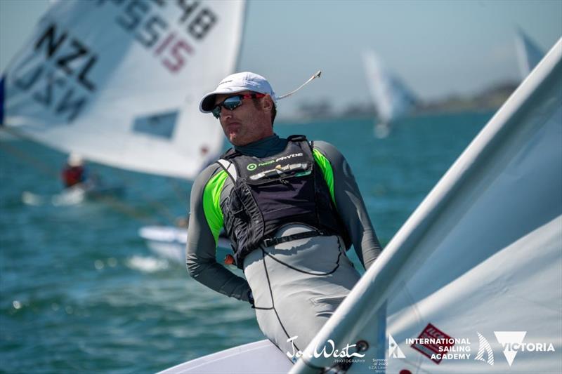Well-known Laser coach and interviewer, Jon Emmett, is the only entrant in his division, but has also been beating those in the older age groups - Oceania and Australian Laser Masters Championship photo copyright Jon West Photography taken at Royal Geelong Yacht Club and featuring the ILCA 7 class