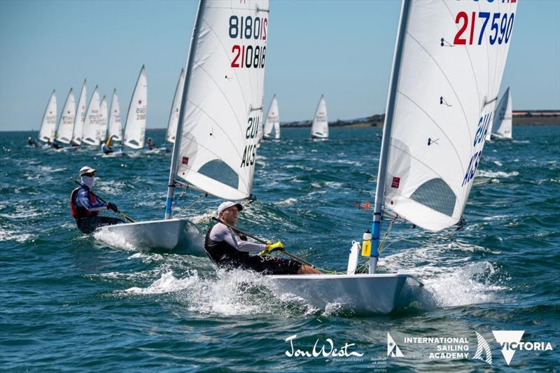 Jan Scholten leads Gavin Dagley on the reach - Oceania and Australian Laser Masters Championship photo copyright Jon West Photography taken at Royal Geelong Yacht Club and featuring the ILCA 7 class
