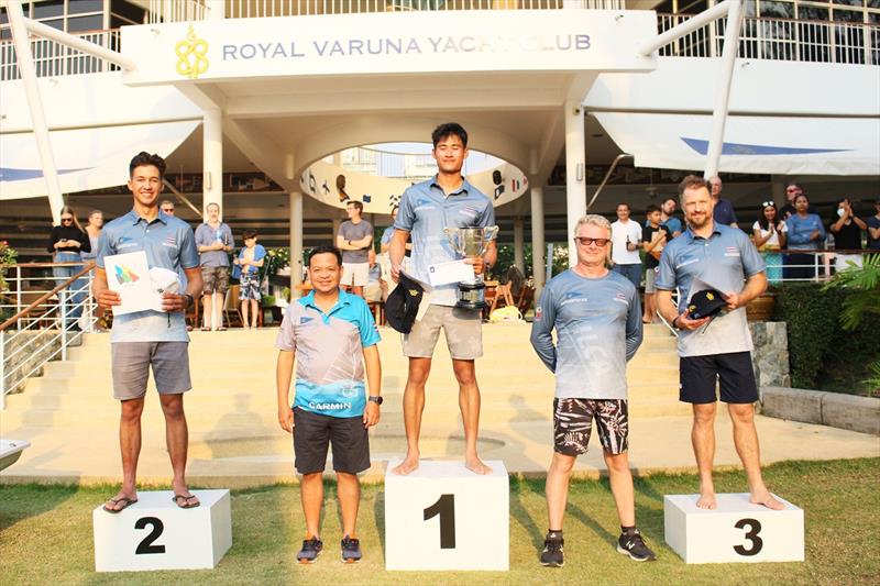 2021 Thai ILCA National Championship: Standard podium: Chusitt Punjamala (1st), Arthit Romanyk (2nd), Pom Green (3rd) with RVYC commodore Art Nithipat Thansrikiat and sponsor E6's John Higham  photo copyright RVYC taken at  and featuring the ILCA 7 class