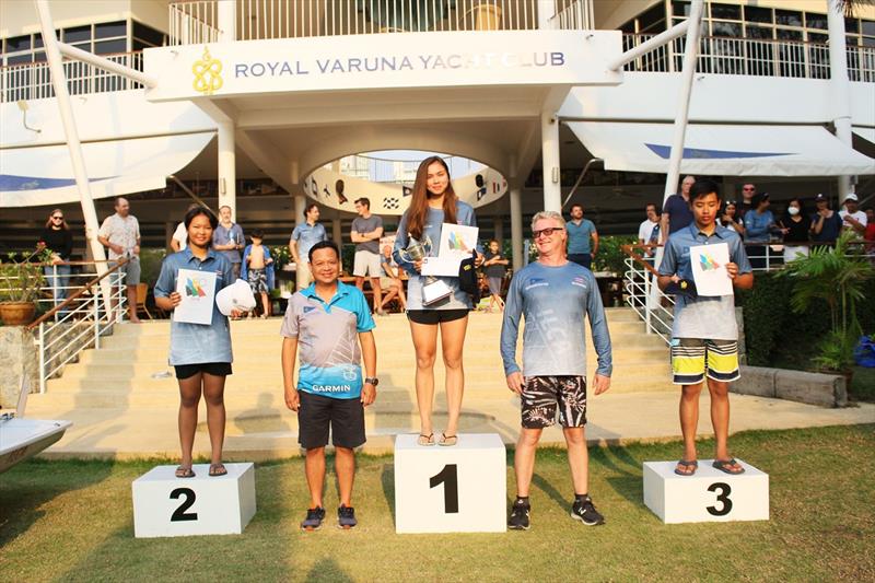 2021 Thai ILCA National Championship: Radial podium: Sophia Montgomery (1st), Patcharee Sringam (2nd), Krittapas Namsaksawadi (3rd) with RVYC commodore Art Nithipat Thansrikiat and sponsor E6's John Higham photo copyright RVYC taken at  and featuring the ILCA 7 class