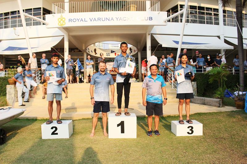 2021 Thai ILCA National Championship: 4.7 Podium: Bowonnan Chanram (1st), Panwa Boonnak (2nd) Thorfun Boonnak (3rd) with sponsor E6's Pom Green and RVYC commodore Art Nithipat Thansrikiat photo copyright RVYC taken at  and featuring the ILCA 7 class