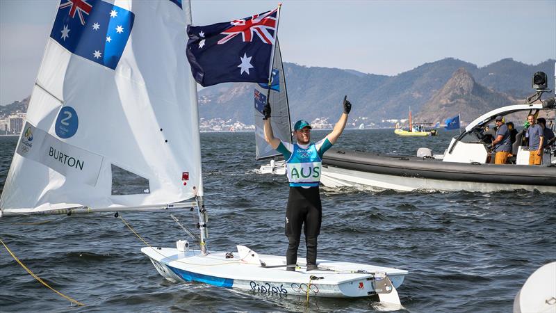 Tom Burton (AUS) immediately after winning the Gold medal in the Mens Laser - Rio Olympic Regatta - photo © Richard Gladwell / Sail-World.com / nz