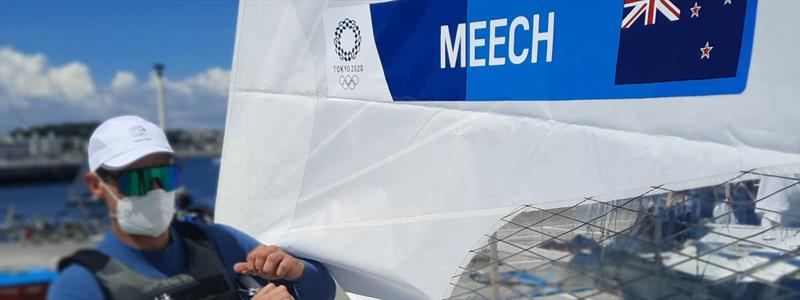 Sam Meech checks his Tokyo2020 ILCA7 at Enoshima photo copyright Michael Brown, Yachting New Zealand taken at Takapuna Boating Club and featuring the ILCA 7 class