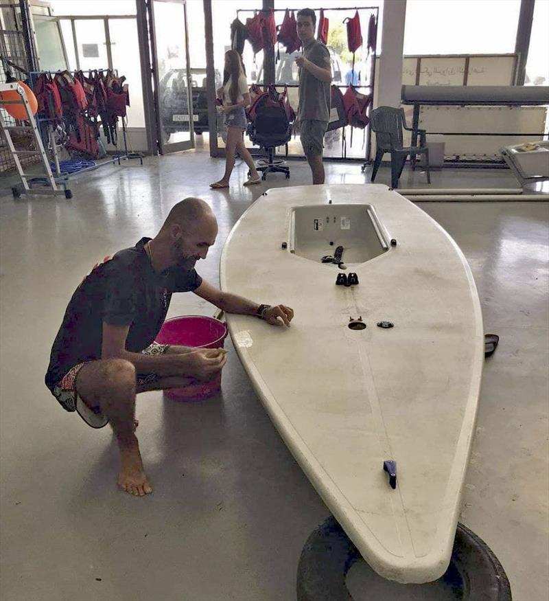 Repairs before commencing the World Record attempt of over 300nm - in a Laser! - photo © Yassine Drk