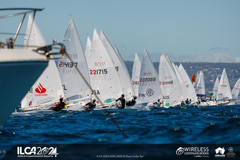 Gold fleet racing got underway with big breeze in Adelaide on day 4 of the 2024 ILCA 7 Men World Championship - photo © Jack Fletcher / Down Under Sail