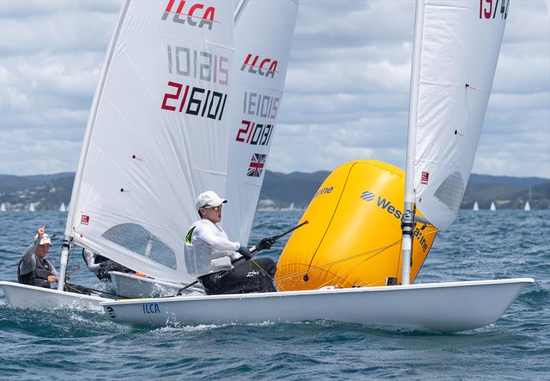 Ryan Lo (SNG) leads Ewan McFadden (IRL) and Micky Beckett (GBR) - Day 3 - NZ ILCA Nationals - Bay of Islands - January 17, 2026 photo copyright Insight Media taken at Bay of Islands Yacht Club and featuring the ILCA 7 class