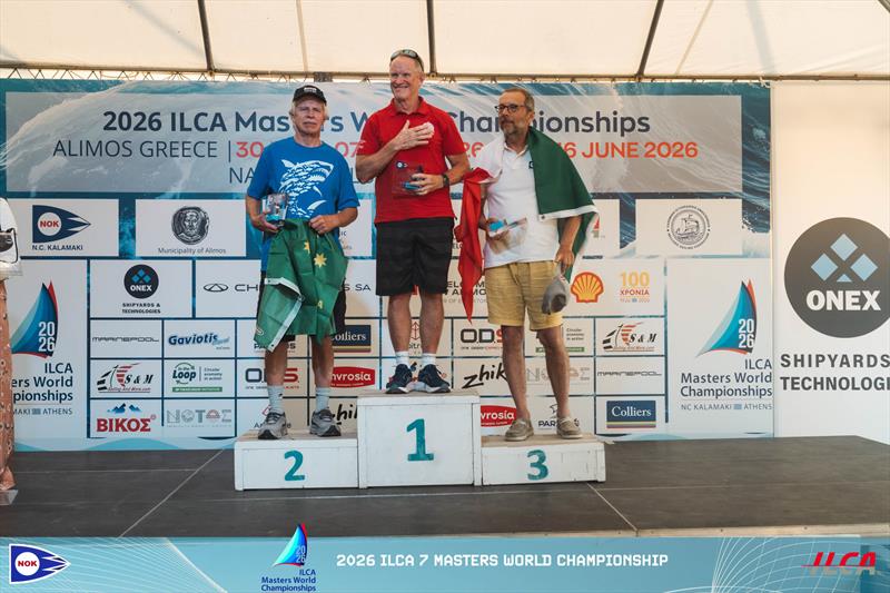 Prize Giving in the 2026 ILCA 7 Masters Worlds at Athens, Greece photo copyright Harris Gkaniatsas / Nautical Club of Kalamaki taken at Nautical Club of Kalamaki and featuring the ILCA 7 class