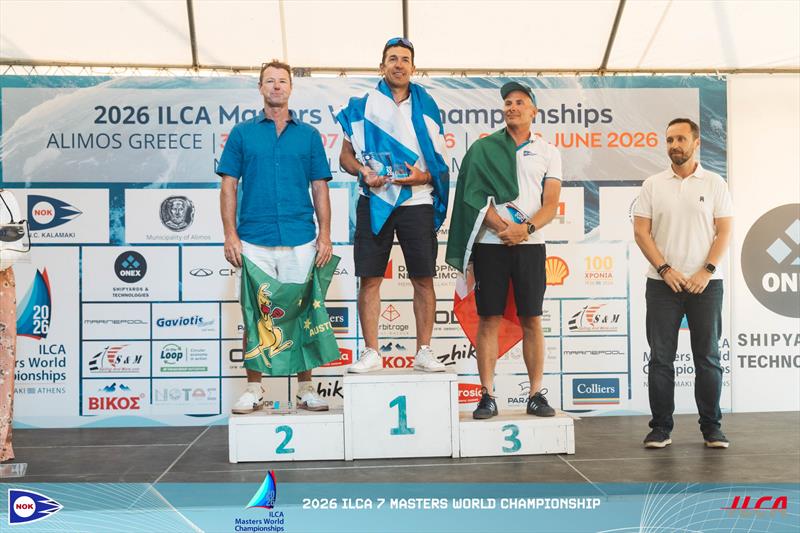 Prize Giving in the 2026 ILCA 7 Masters Worlds at Athens, Greece photo copyright Harris Gkaniatsas / Nautical Club of Kalamaki taken at Nautical Club of Kalamaki and featuring the ILCA 7 class