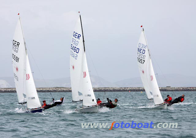 Another windy day at the Laser 2 worlds in Weymouth photo copyright Steve Bell / www.fotoboat.com taken at Weymouth & Portland Sailing Academy and featuring the Laser 2 class