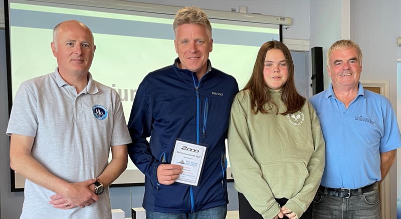 (l-r) Mike McEwing, Class Chair, Paul Smith and Charlotte Smith , winners of the 2021 WCBR Class Ethos Award, and Pete Vincent of sponsor West Country Boat Repairs photo copyright 2000 class taken at Cardiff Bay Yacht Club and featuring the 2000 class