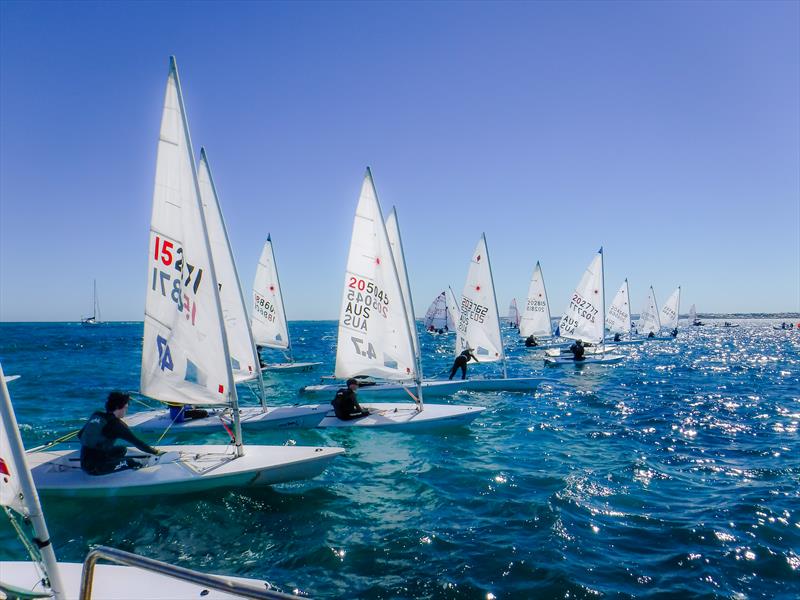 The Laser fleet about to hit the line at Hillarys first Easter Dinghy Coaching Regatta photo copyright Verma Vitales taken at Hillarys Yacht Club and featuring the ILCA 4 class