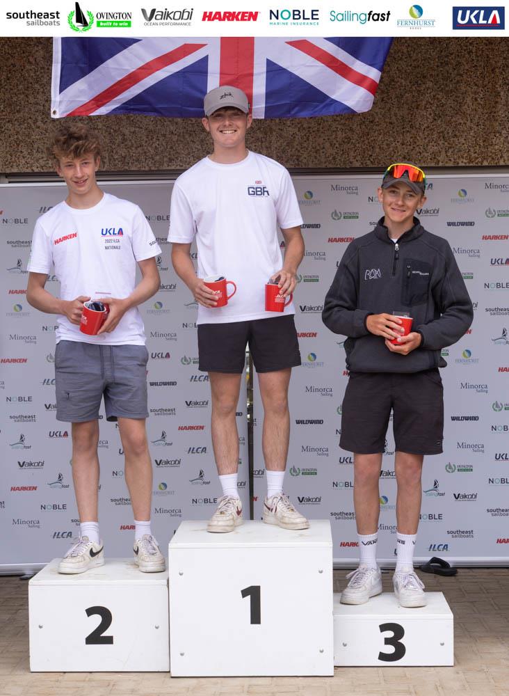 2022 ILCA Nationals at Hayling Island prize giving - ILCA 4 - 1st Henry Redmond, 2nd Freddie Sunderland, 3rd Fred Salter photo copyright Georgie Altham taken at Hayling Island Sailing Club and featuring the ILCA 4 class