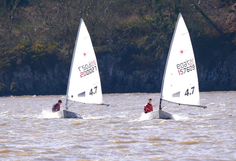 Easter Eggstravaganza in Kippford: Battle on the Cadets: Closest of racing throughout the series, Toby Iglehart (200027) gets inside line from Finn Harris (157609) photo copyright Margaret Purkis taken at Solway Yacht Club and featuring the ILCA 4 class