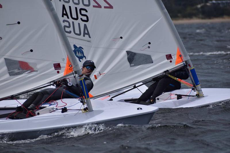 ILCA 4 Solidarity sailors Spacey Harper and Matilda Tarring sailing side by side on Day One of racing - 2026 ILCA Oceania & Australian Open & Youth Championship, Day 1 - photo © Jane Austin