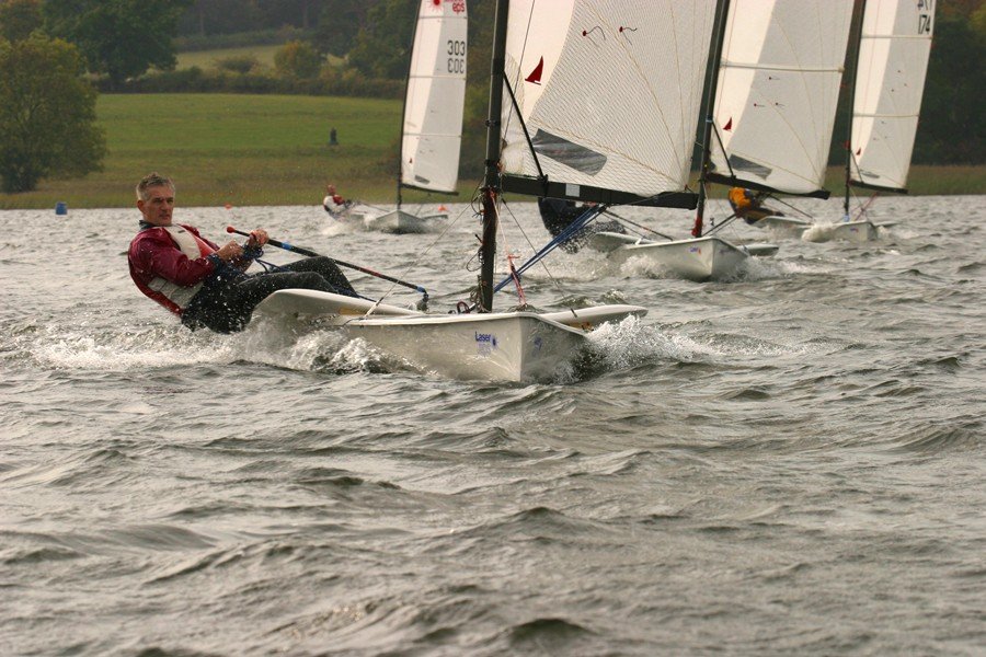 Flying Scotsman, EPS sailor Robert Signal, leads the group at Llangorse photo copyright John Ticehurst taken at Llangorse Sailing Club and featuring the Laser EPS class