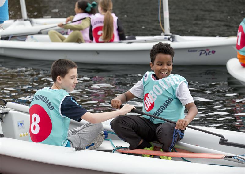 Angellica Bell and Michael Underwood join Paralympic gold medallist Helena Lucas ) to officially relaunch the RYA's OnBoard programme photo copyright onEdition taken at Docklands Sailing & Watersports Centre and featuring the Laser Pico class