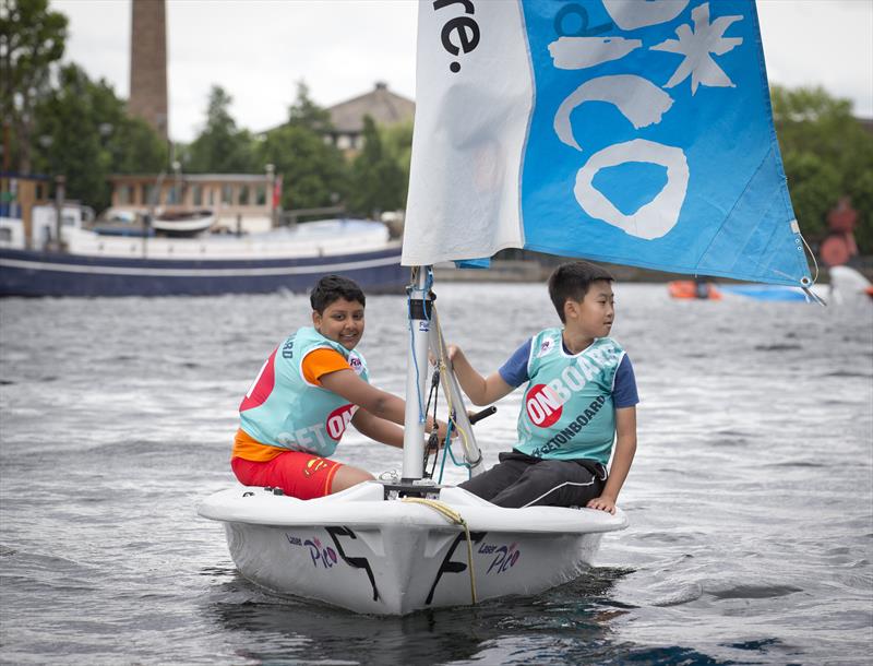 Angellica Bell and Michael Underwood join Paralympic gold medallist Helena Lucas ) to officially relaunch the RYA's OnBoard programme photo copyright onEdition taken at Docklands Sailing & Watersports Centre and featuring the Laser Pico class