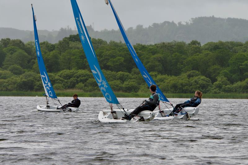 Finn Harris and Lucy Leyshon (Dalbeattie High School) holding off Thomas McKendrick (Dumfries High School) - Five Castles Schools Regatta at Annandale photo copyright Ally Brown taken at Annandale Sailing Club and featuring the Laser Pico class