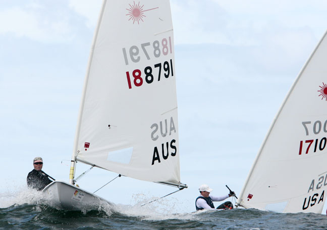 Nick Carew leads Tracy Usher on day five of the Laser Masters worlds photo copyright C&C Images taken at Gosford Sailing Club and featuring the ILCA 6 class