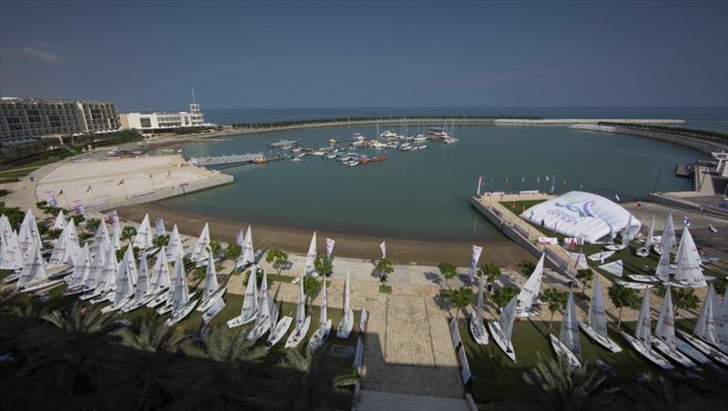 The fleet ready to launch on day 1 of the Laser Radial Youth Worlds in Oman - photo © Mark Lloyd