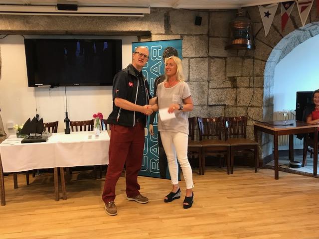 RStGYC Rear Commodore Peter Bowring presents 1st lady Shirley Gilmore with her Lennon Racewear voucher in the Lennon Irish Laser Masters photo copyright Heather King taken at Royal St George Yacht Club and featuring the ILCA 6 class