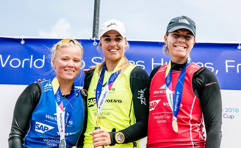 Laser Radial Medalists, World Cup Series Hyères 2018. From left: Monika Mikkola (FIN), Marit Bouwmeester (NED), Paige Railey (USA) photo copyright Jesus Renedo / Sailing Energy taken at  and featuring the ILCA 6 class