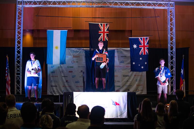 NZL's  Josh Armit after being awarded the  Gold medal in the  Mens Laser Radial class at the 2018 Youth Sailing World Championships, Corpus Chris, Texas photo copyright Jen Edney / World Sailing taken at  and featuring the ILCA 6 class