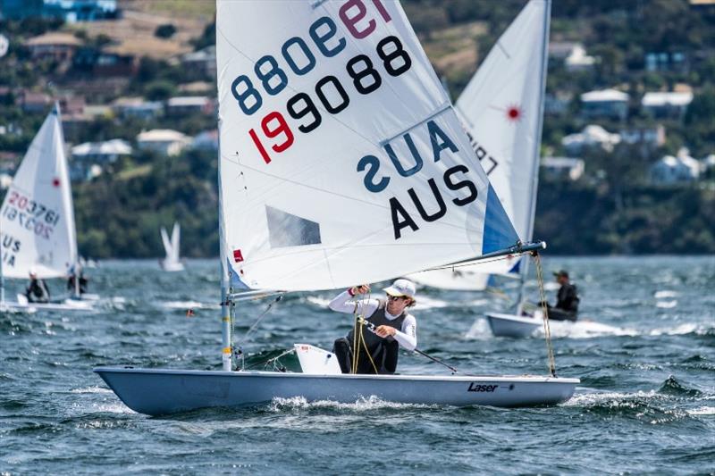 World Laser Radial champion Zac Littlewood (WA) continues to lead the fleet - Day 2, Australian Sailing Youth Championships 2019 photo copyright Beau Outteridge taken at Royal Yacht Club of Tasmania and featuring the ILCA 6 class